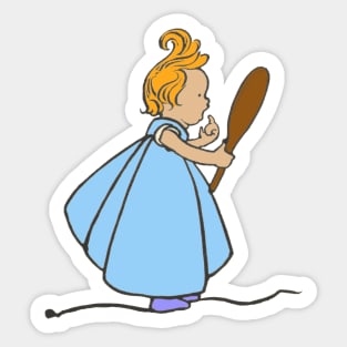 Cute little ginger girl blue dress looking in mirror Sticker